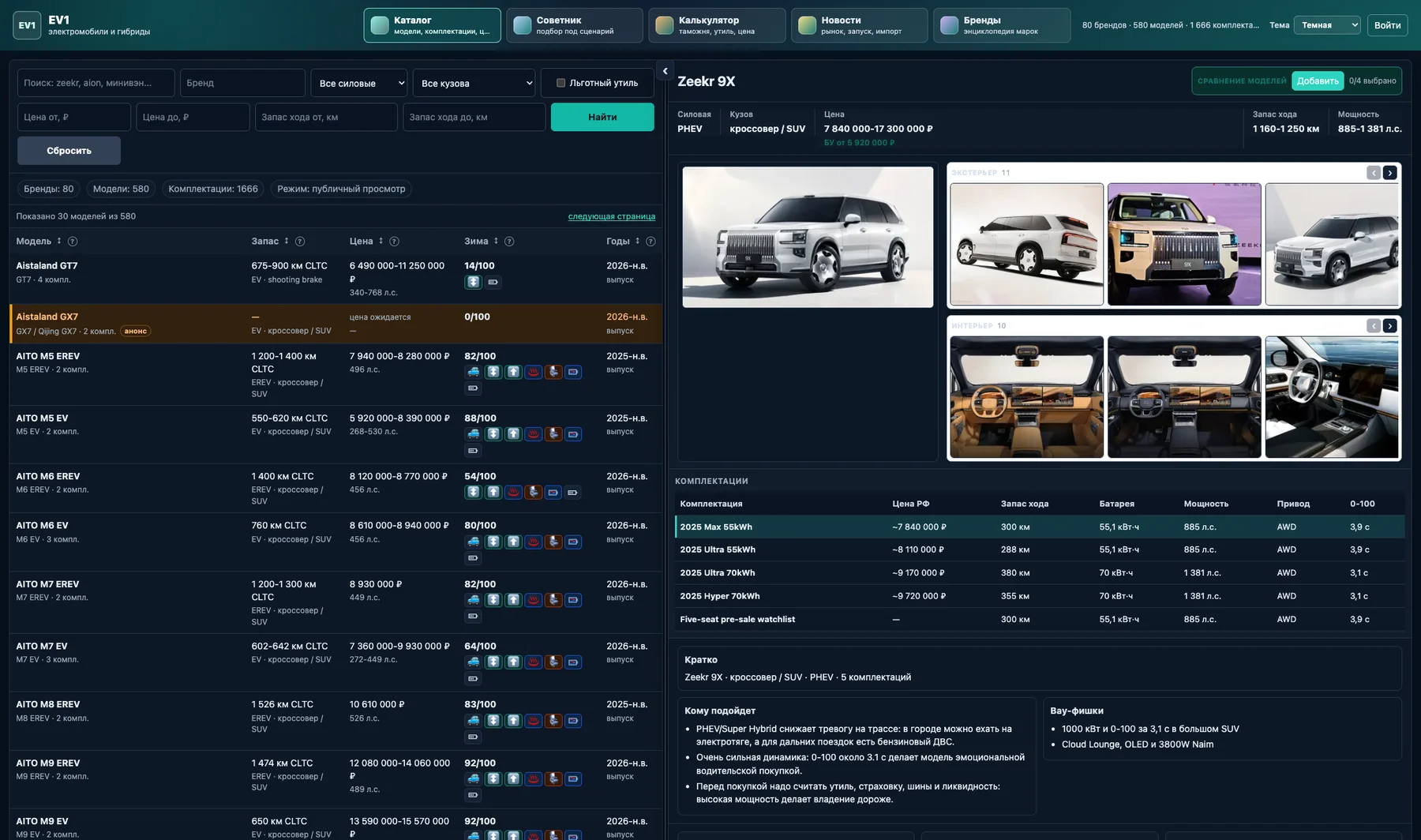 Карточка модели Zeekr 9X в энциклопедии EV1